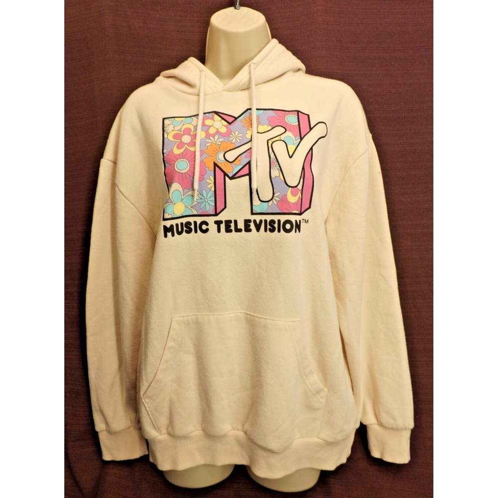 MTV Women's Pullover Cream Hoodie floral Hood - Size Medium Long sleeves - Picture 3 of 13